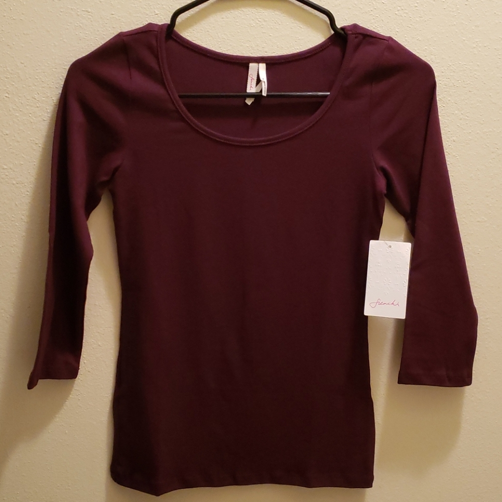 Frenchi Long Sleeve Scoop Neck Tee in Burgundy